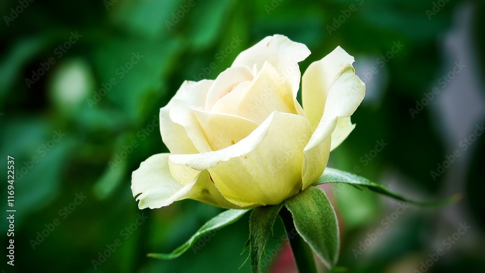 A beautiful rose in full bloom, surrounded by blurred greenery. The delicately layered petals reveal bright, warm colors, with natural gradations A beautiful rose in full bloom, surrounded by blurred greenery. The delicately layered petals reveal bright, warm colors, with natural gradations