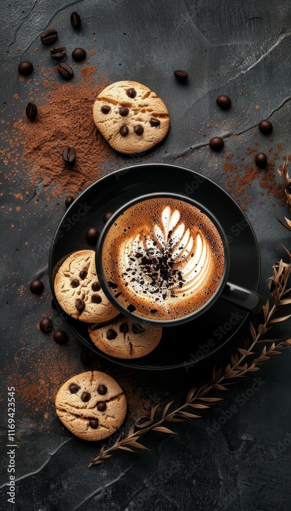 Elegant black ceramic cappuccino cup with latte art surrounded by cookies and cocoa on dark surface Elegant black ceramic cappuccino cup with latte art surrounded by cookies and cocoa on dark surface