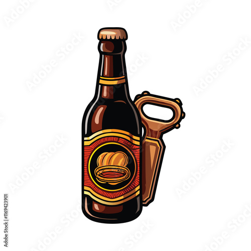 A vector illustration of a stout brown beer bottle with a bottle opener.