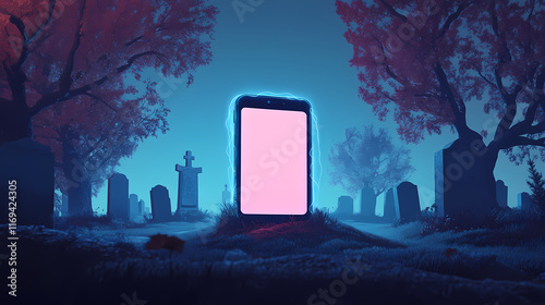 A lugubrious cemetery holds a connected smartphone-shaped tombstone, perfect for visual presentations or any other graphic uses. generative ai. Cenotaph. Illustration