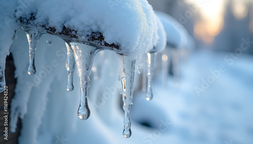 Melting icicles dripping from a wooden railing covered in snow during winter
