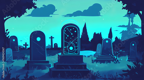 A lugubrious cemetery holds a connected smartphone-shaped tombstone, perfect for visual presentations or any other graphic uses. generative ai. Cenotaph. Illustration photo