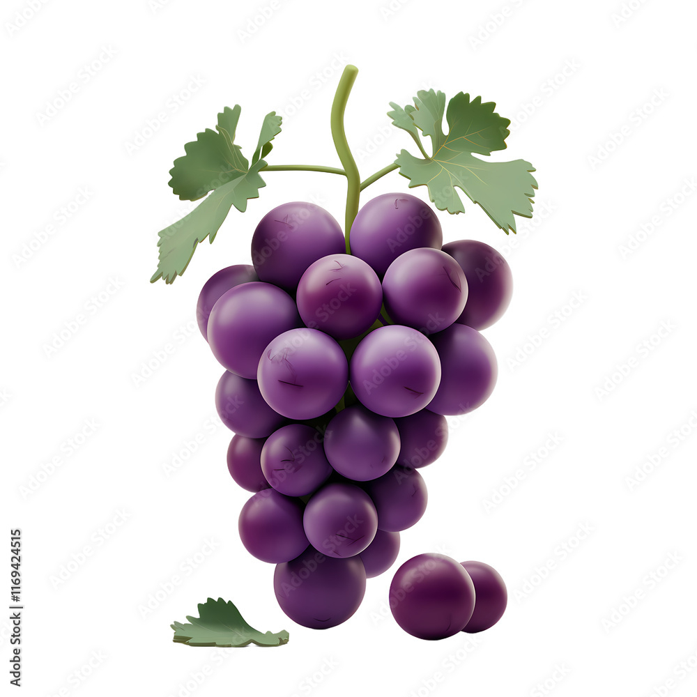 Fototapeta premium A 3D render of a cartoon-style bunch of purple grapes. The grapes are large and plump, with a few scattered on the ground beneath the vine. The vine is green and has a few leaves. 