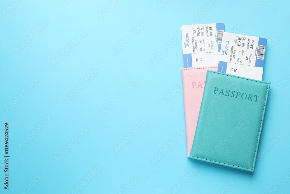 Travel agency. Flight tickets and passports on light blue background, top view. Space for text Travel agency. Flight tickets and passports on light blue background, top view. Space for text