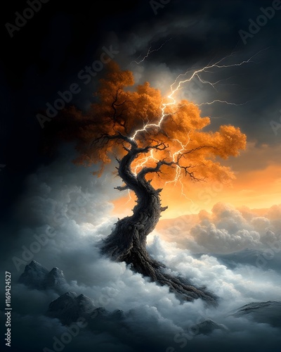Towering oak tree convulsed by a powerful lightning strike its once proud trunk split asunder by the raw electrical force