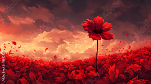 A red flower stands in a field of red leaves. Cenotaph. Illustration