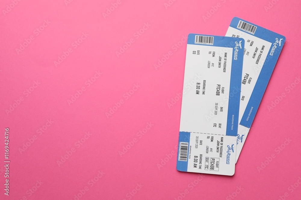 Travel agency. Flight tickets on pink background, top view. Space for text Travel agency. Flight tickets on pink background, top view. Space for text
