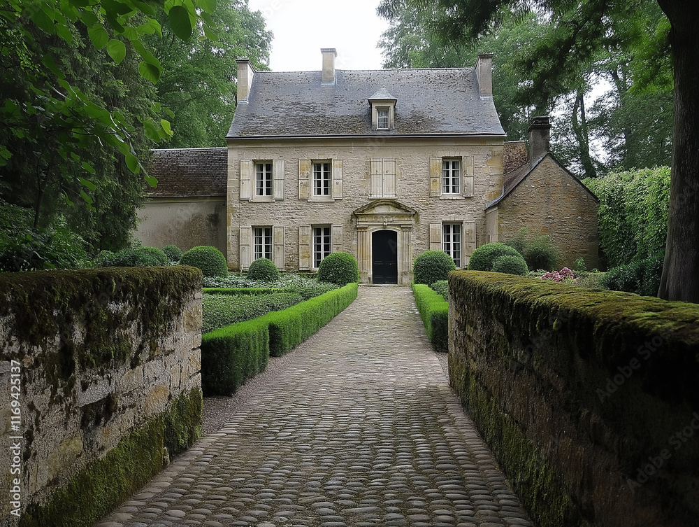 A charming French chateau with stone walls, symmetrical gardens, and a cobblestone driveway. A charming French chateau with stone walls, symmetrical gardens, and a cobblestone driveway.
