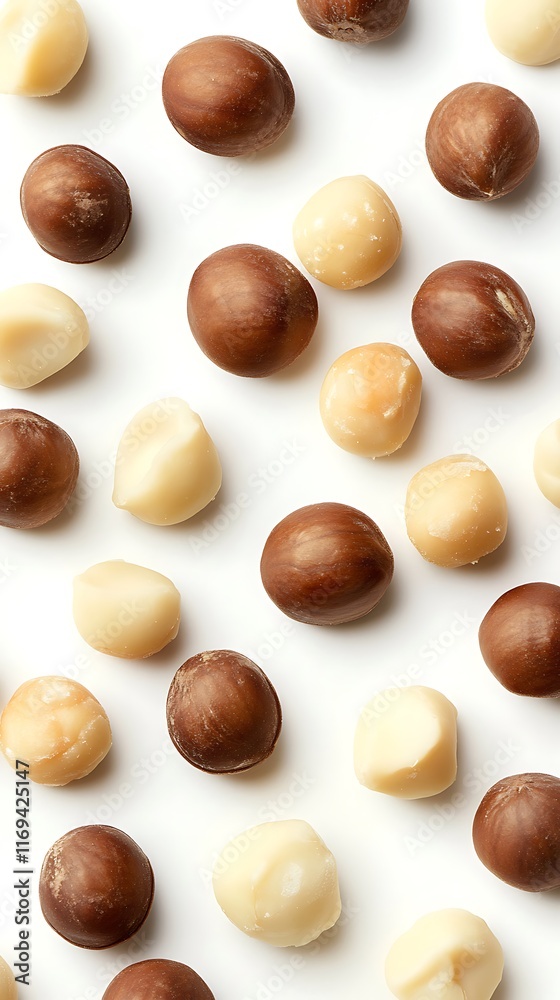 Shelled and unshelled macadamia nuts on white background Shelled and unshelled macadamia nuts on white background