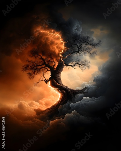 Towering oak tree convulsed by a powerful lightning strike its once proud trunk split asunder by the raw electrical force