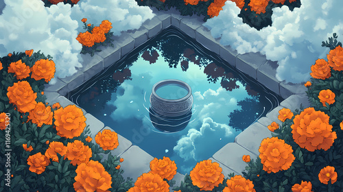 A water-filled urn reflecting the sky surrounded by marigolds and jasmine. Cenotaph. Illustration