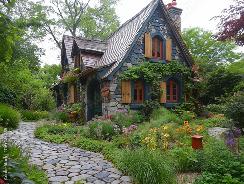 A fairytale-like cottage with a steeply pitched roof, colorful shutters, and a winding stone path.
 photo