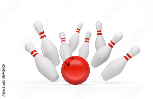 Red Bowling Ball and scattered white skittles isolated on white background - 3D illustration
