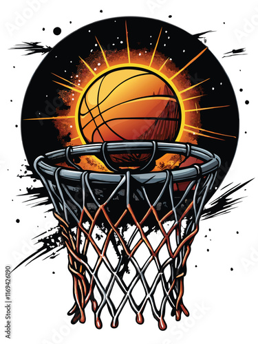 A basketball hoop with a glowing net and a retro basketball.