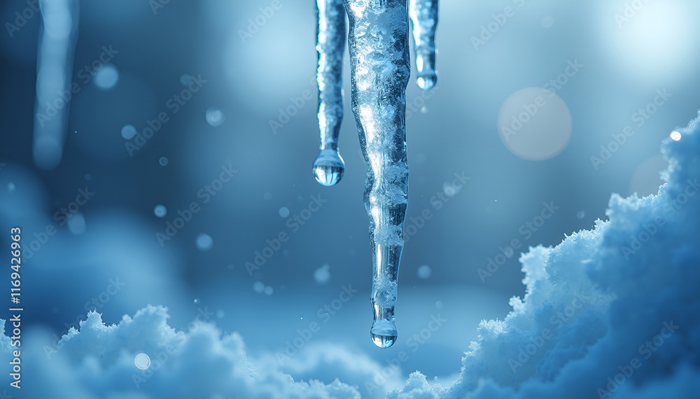 Close-up of melting icicles with water droplets against a snowy background in cool blue tones Close-up of melting icicles with water droplets against a snowy background in cool blue tones