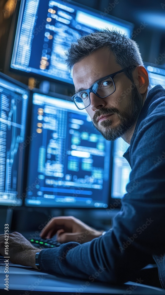 Fototapeta premium Focused Male Programmer Analyzing Data on Multiple Computer Screens