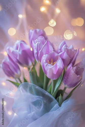 Beautiful bouquet of purple tulips with soft lights creating a cozy atmosphere