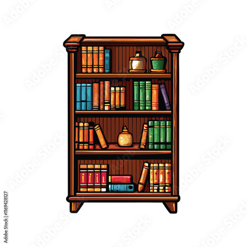 Illustration of a classic wooden bookshelf filled with neatly arranged books.