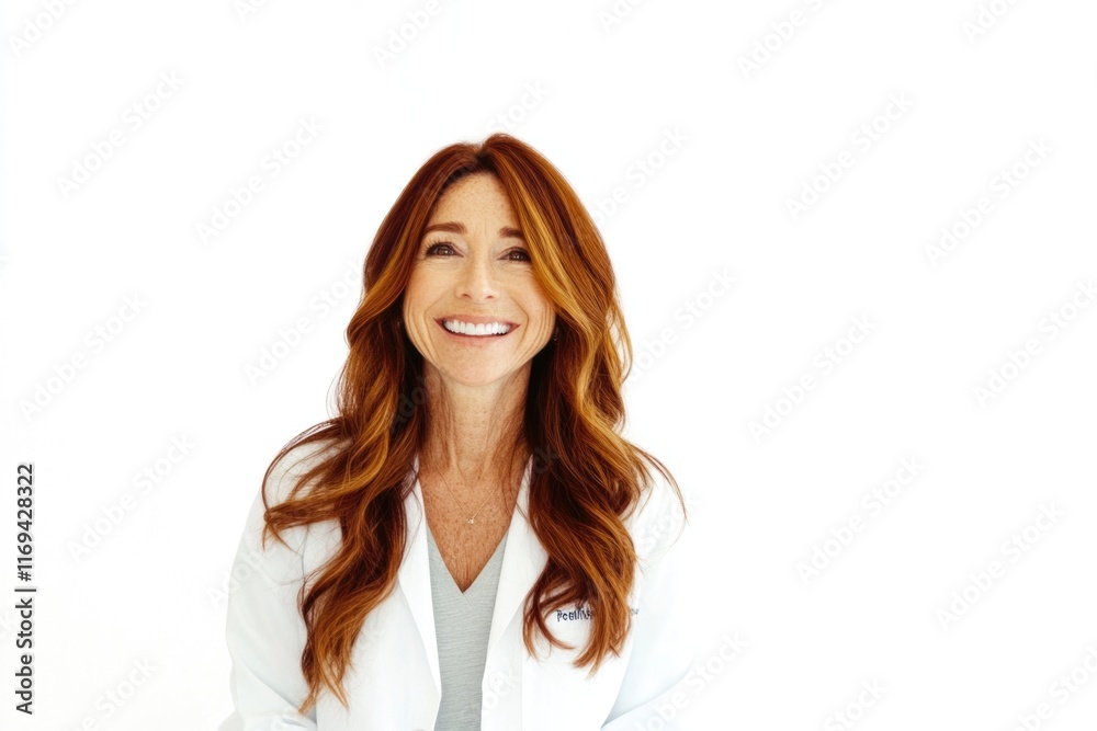 Smiling caucasian female adult in lab coat on white background Smiling caucasian female adult in lab coat on white background