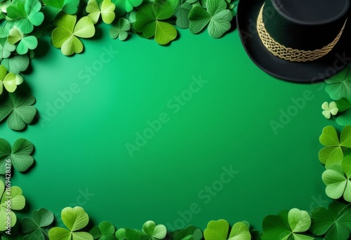 Festive green background decorated with shamrocks and a black top hat for St. Patrick's Day celebrations photo