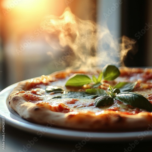 Freshly baked pizza with basil leaves steaming in sunlight