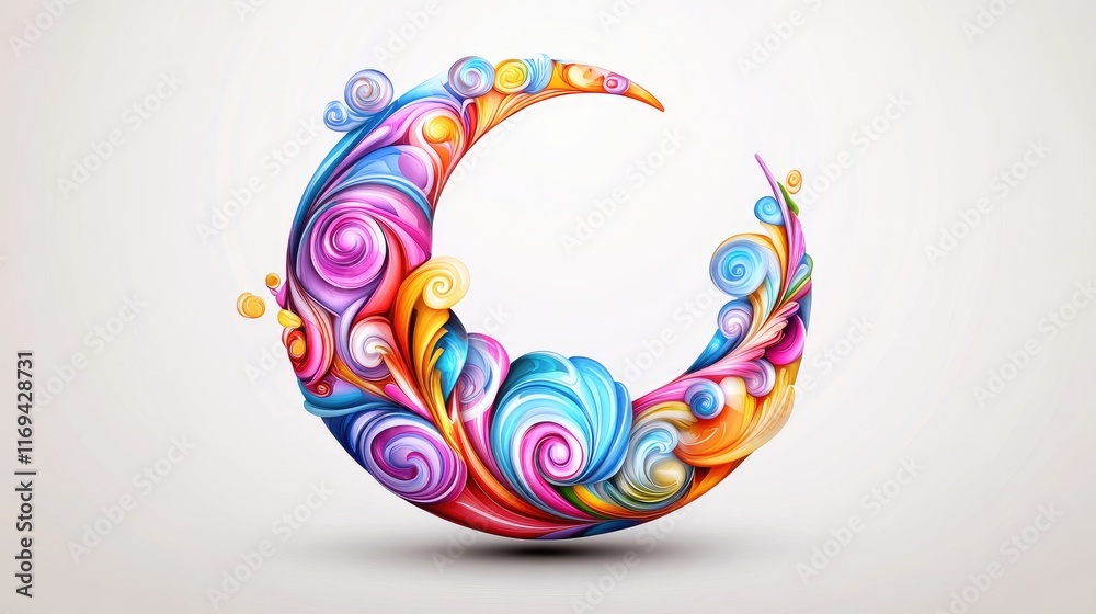 Fototapeta premium A vibrant crescent moon formed by swirling colorful abstract shapes. Ideal for festive designs, logos, or backgrounds representing celebration, creativity, and imagination.