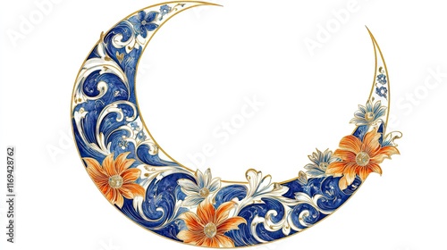 Elegant crescent moon adorned with ornate blue and gold foliage and vibrant orange flowers. Ideal for Ramadan decorations, wedding invitations, or celestial-themed designs.