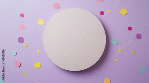 Colorful confetti and round cake with white icing on purple background for ce...