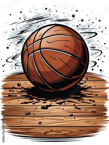 A close-up of a basketball bouncing on a wooden court, with black paint splatters on the floor.