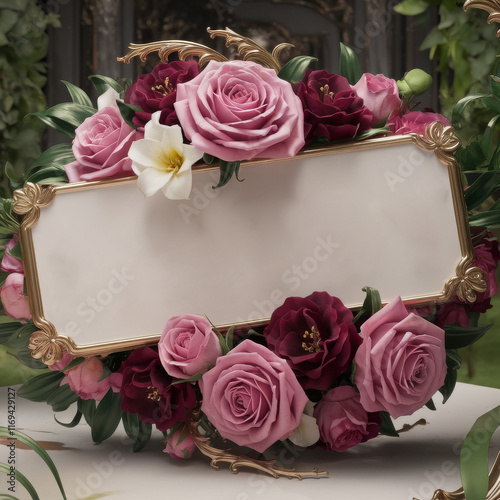Ornate frame surrounded by roses for invitations or announcements. Decorative floral border with pink and red roses for customization.