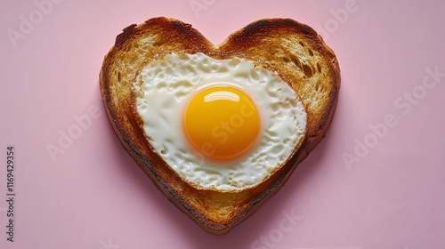Creative breakfast with fried egg in heart-shaped toast on pink background