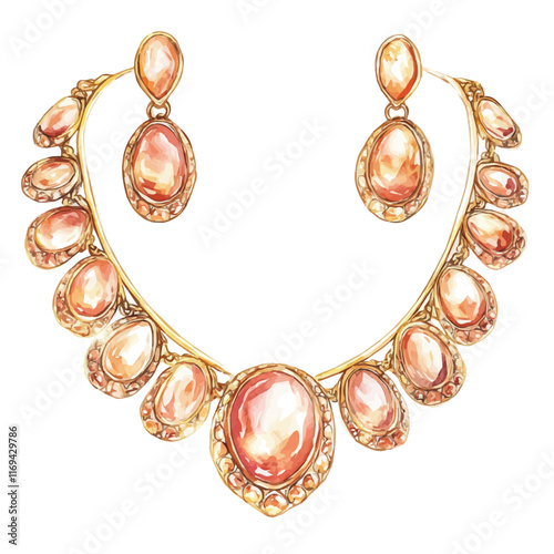 A watercolor vector painting of an exquisite classic gold necklace and earrings set, isolated on a white background. Classic gold jewelry set vector.


