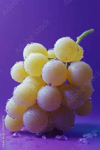 Fresh purple grapes hanging with droplets on a vibrant purple background