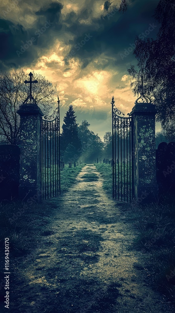 Obraz premium Mystical Cemetery Gates Under Dramatic Sky at Dusk