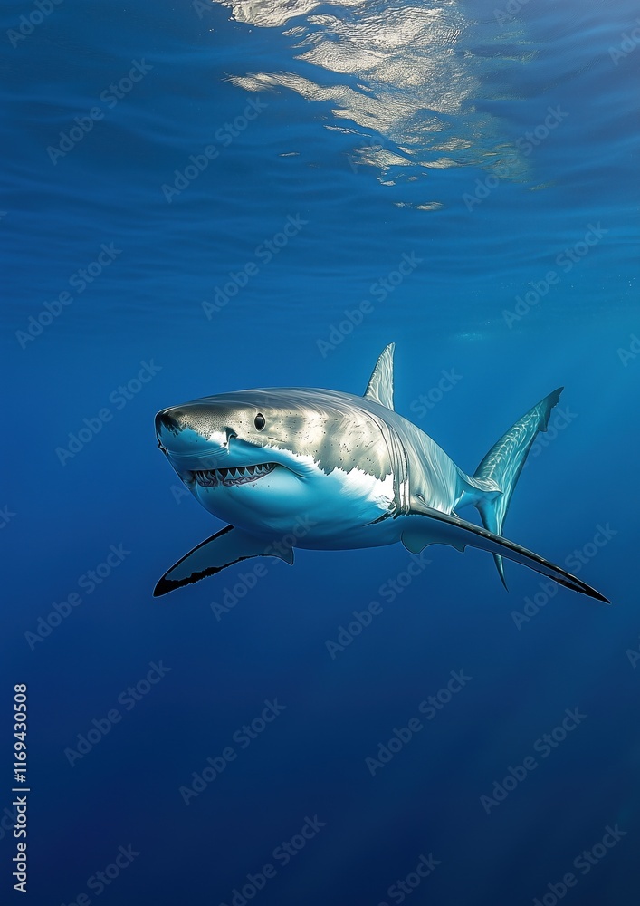 Obraz premium Un grand requin blanc, majestueux, nageant sous la surface de l'océan, chassant un proie, image avec espace pour texte.