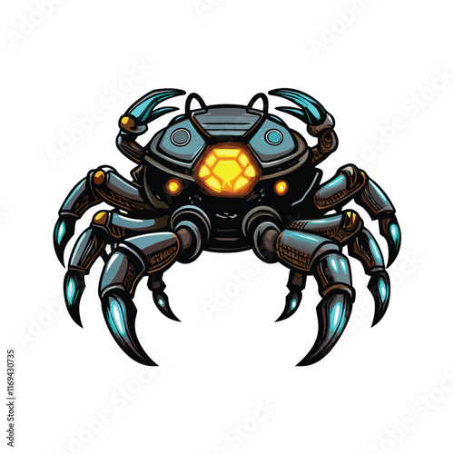 A cybernetic crab with armored metal claws and glowing blue accents.