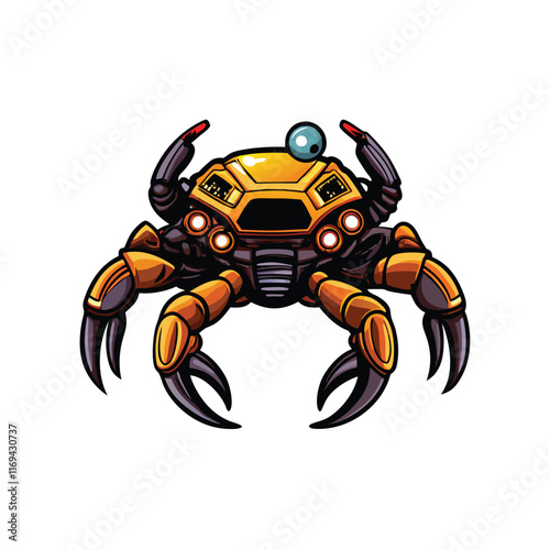 A futuristic cybernetic crab with armored metal claws and glowing lights.