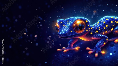 Mesmerizing digital artwork depicting a vibrant glowing gecko like creature against a backdrop of a starry night sky and swirling cosmic patterns creating a fantastical otherworldly atmosphere photo