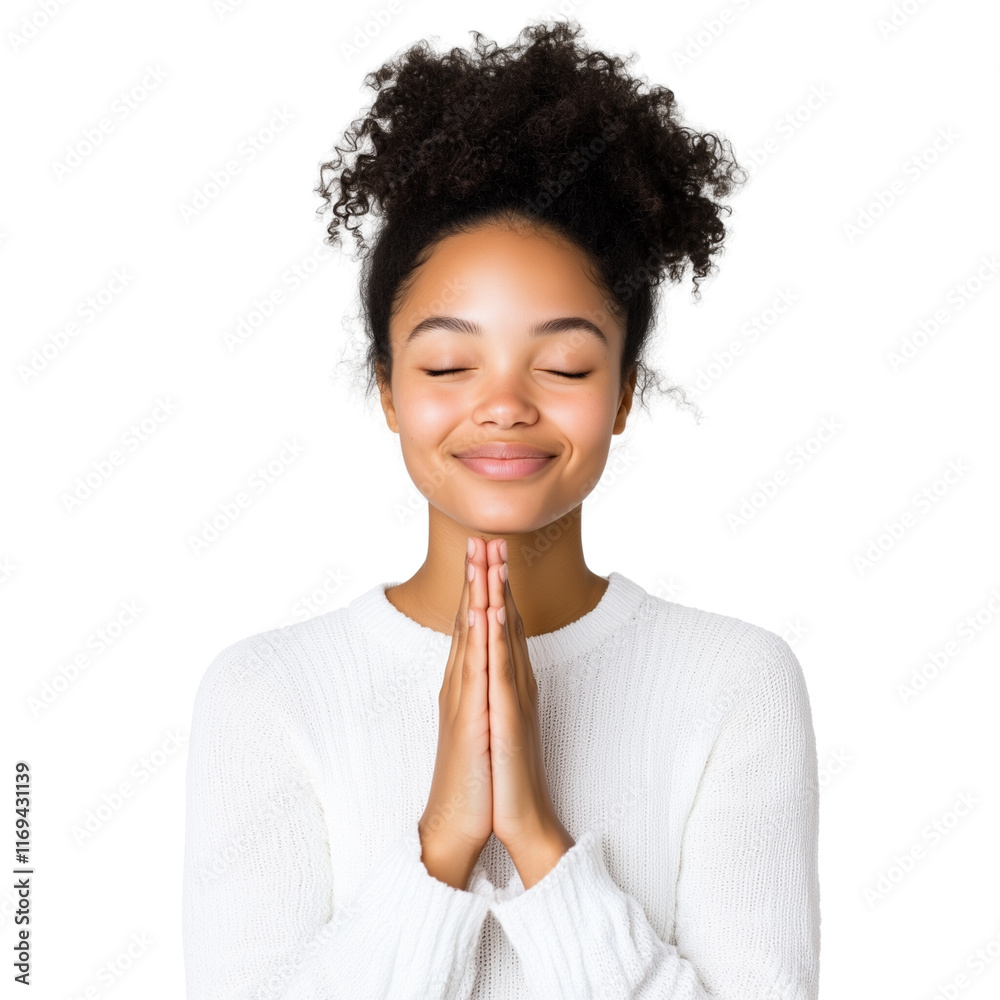 woman with a content expression with soft, smiling eyes and relaxed posture, hands loosely clasped in front, isolated on a white woman with a content expression with soft, smiling eyes and relaxed posture, hands loosely clasped in front, isolated on a white