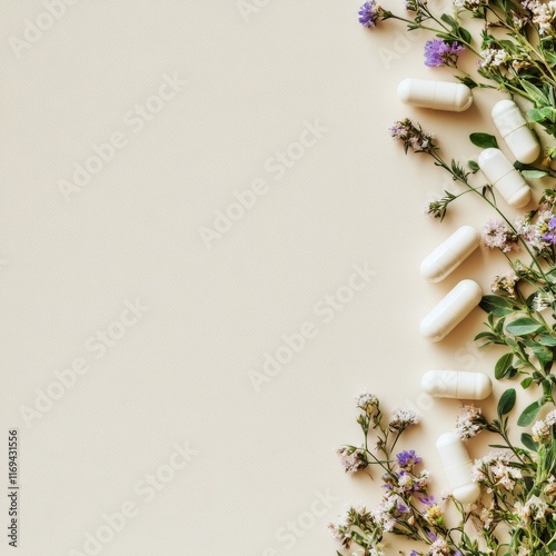 Natural supplements arranged with herbs on a light background showcasing heal...