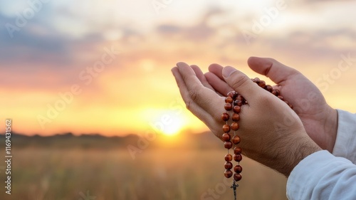 A serene sunset scene with hands raised in prayer, holding a string of prayer beads, symbolizing spirituality and reflection.