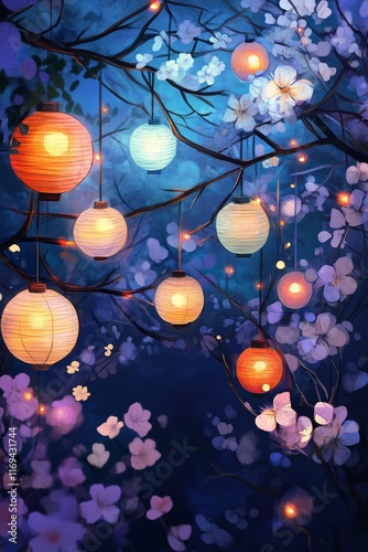 Beautiful cherry blossom branches with glowing lanterns at night