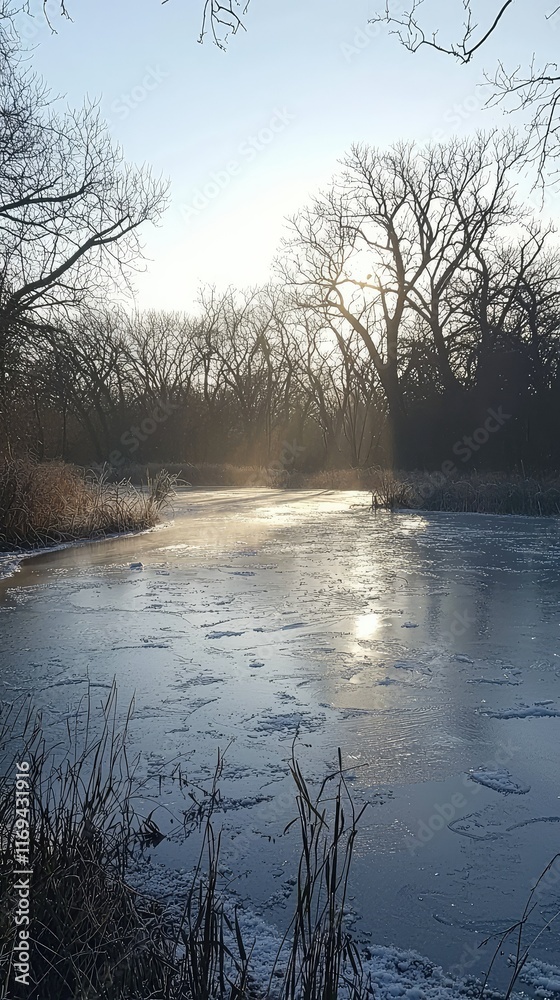 Fototapeta premium Frozen River Scene with Sunlight and Frosty Trees in Winter