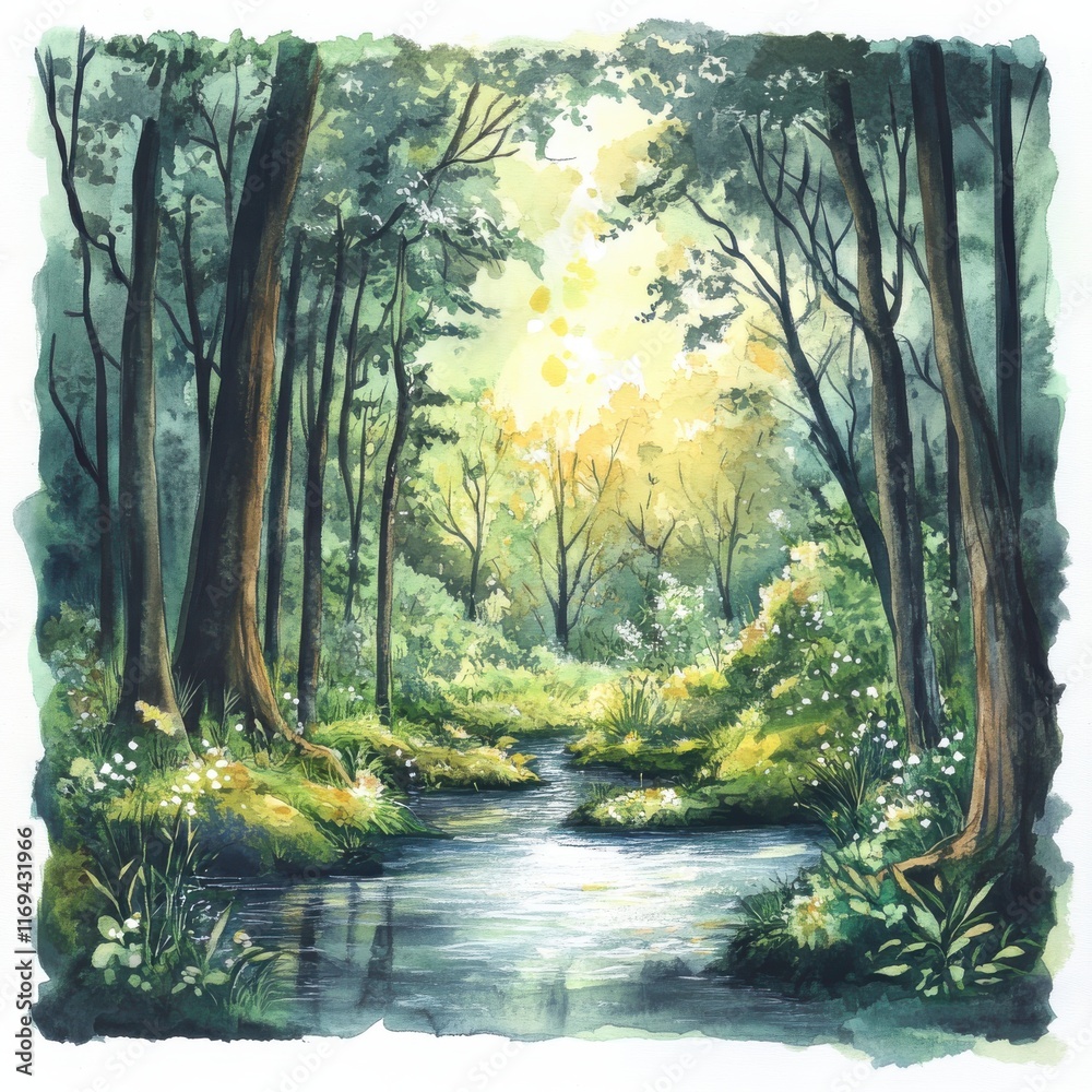 Obraz premium Nature reserve watercolor illustration of a protected lush landscape. Represents conservation, beauty, and harmony with the earth.