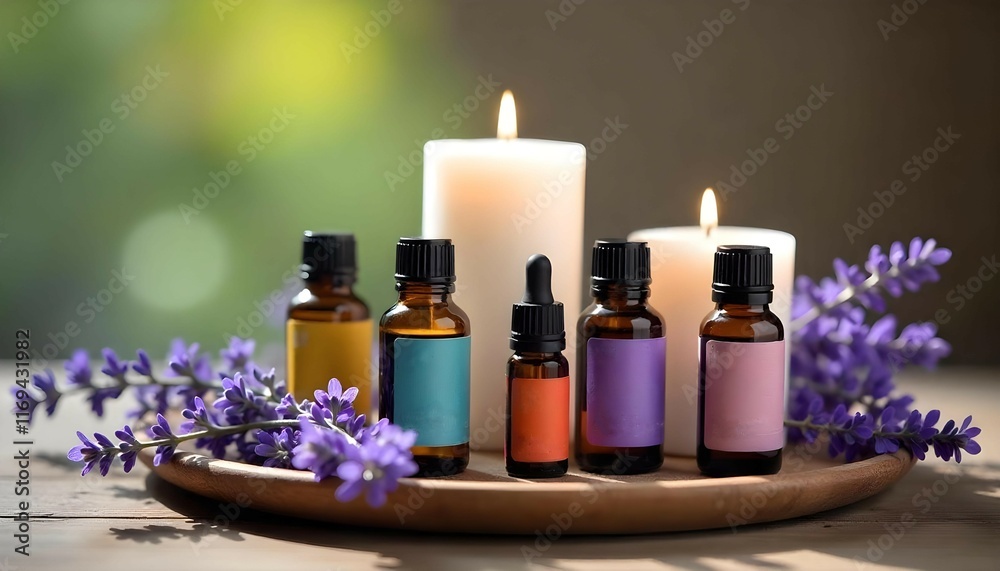 Mock-up for Minimalistic cosmetics, oils and spa with candles and lavender flowers Mock-up for Minimalistic cosmetics, oils and spa with candles and lavender flowers
