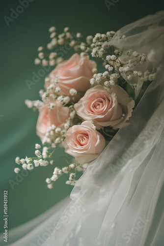 Soft pink roses and delicate baby's breath arranged beautifully on sheer fabric