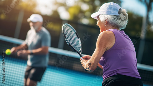 older woman playing pickleball with her husband