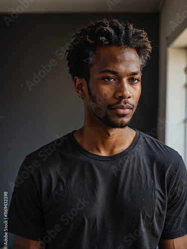 Retrato de un hombre de piel negra y cabello negro con afro y con barba de pie usando una camiseta negra en el interior de una casa photo