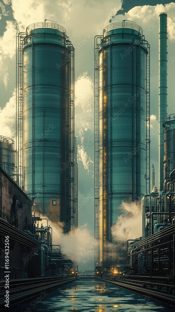 Naklejka premium Industrial Scene with Tall Storage Tanks and Steam Production