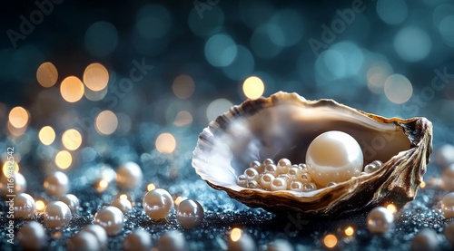 Beauty of a pearl in an oyster with shimmering reflections on a dark surface at evening photo